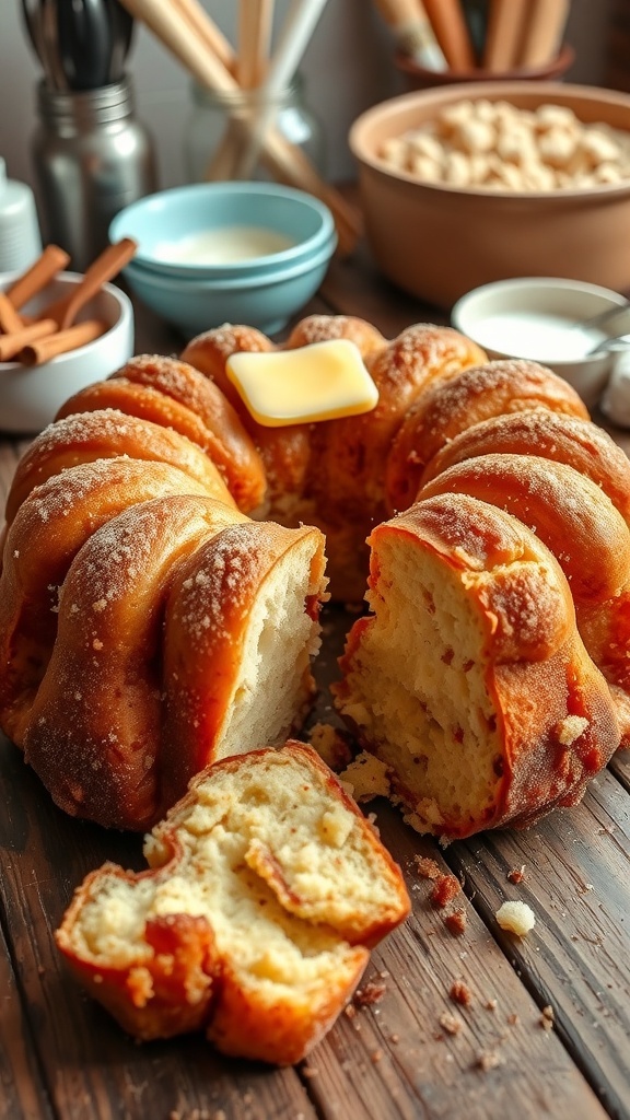 A freshly baked monkey bread, golden and fluffy, with cinnamon sugar coating, served on a wooden table.